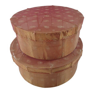 Vintage Round Fabric Hat Box Sheer Overlay Metal Frame Storage Display 14” & 12"